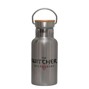 The witcher III wild hunt, Μεταλλικό παγούρι θερμός (Stainless steel) Ασημένιο με ξύλινο καπακι (bamboo), διπλού τοιχώματος, 350ml