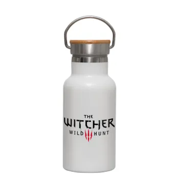 The witcher III wild hunt, Μεταλλικό παγούρι θερμός (Stainless steel) Λευκό με ξύλινο καπακι (bamboo), διπλού τοιχώματος, 350ml