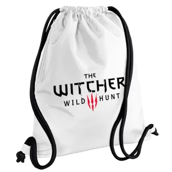 The witcher III wild hunt, Backpack pouch GYMBAG white, with pocket (40x48cm) & thick cords