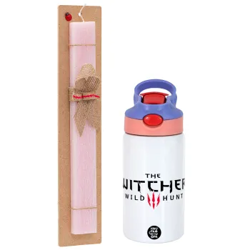 The witcher III wild hunt, Easter Set, Children's thermal stainless steel water bottle with safety straw, pink/purple (350ml) & Easter scented flat candle (30cm) (PINK)