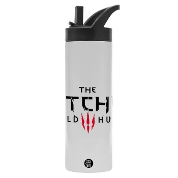 The witcher III wild hunt, Μεταλλικό παγούρι θερμός με καλαμάκι & χειρολαβή, ανοξείδωτο ατσάλι (Stainless steel 304), διπλού τοιχώματος, 600ml