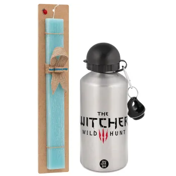 The witcher III wild hunt, Easter Set, metallic silver aluminum water bottle (500ml) & scented flat Easter candle (30cm) (TURQUOISE)