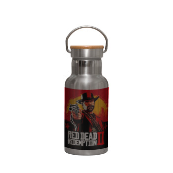 Red Dead Redemption 2, Μεταλλικό παγούρι θερμός (Stainless steel) Ασημένιο με ξύλινο καπακι (bamboo), διπλού τοιχώματος, 350ml