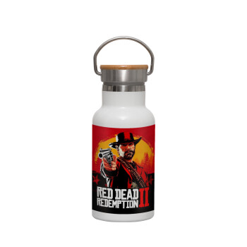Red Dead Redemption 2, Μεταλλικό παγούρι θερμός (Stainless steel) Λευκό με ξύλινο καπακι (bamboo), διπλού τοιχώματος, 350ml