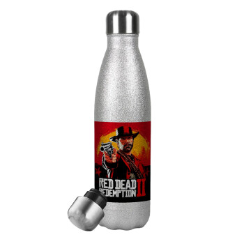 Red Dead Redemption 2, Μεταλλικό παγούρι θερμός Glitter Aσημένιο (Stainless steel), διπλού τοιχώματος, 500ml