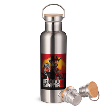 Red Dead Redemption 2, Μεταλλικό παγούρι θερμός (Stainless steel) Ασημένιο με ξύλινο καπακι (bamboo), διπλού τοιχώματος, 750ml