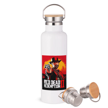 Red Dead Redemption 2, Stainless steel White with wooden lid (bamboo), double wall, 750ml