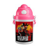Red Dead Redemption 2, Ροζ παιδικό παγούρι πλαστικό (BPA-FREE) με καπάκι ασφαλείας, κορδόνι και καλαμάκι, 400ml