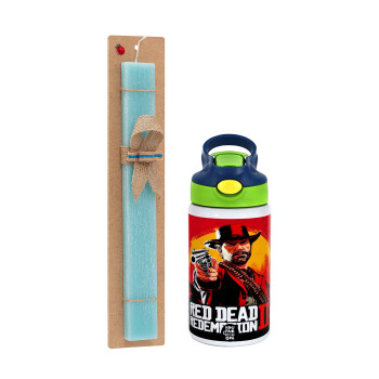 Red Dead Redemption 2, Easter Set, Children's thermal stainless steel bottle with safety straw, green/blue (350ml) & aromatic flat Easter candle (30cm) (TURQUOISE)