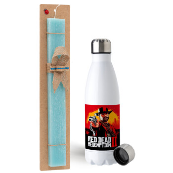 Red Dead Redemption 2, Easter Set, metallic stainless steel water bottle (750ml) & aromatic flat Easter candle (30cm) (TURQUOISE)