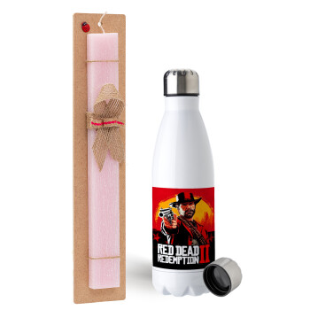 Red Dead Redemption 2, Easter Set, metallic stainless steel water bottle (750ml) & scented flat Easter candle (30cm) (PINK)