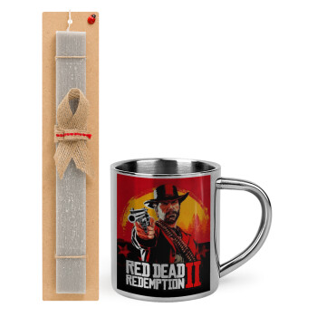 Red Dead Redemption 2, Easter Set, metallic thermal cup (300ml) & Easter aromatic flat candle (30cm) (GRAY)