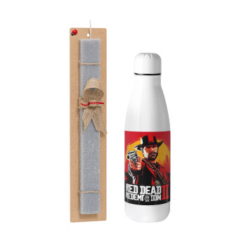 Red Dead Redemption 2, Easter Set, metallic stainless thermos bottle (500ml) & scented flat Easter candle (30cm) (GRAY)