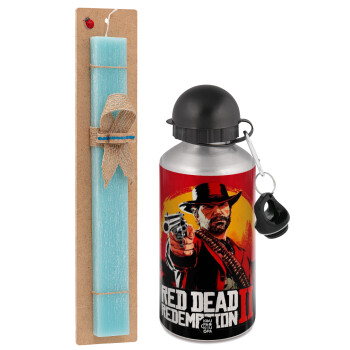 Red Dead Redemption 2, Easter Set, metallic silver aluminum water bottle (500ml) & scented flat Easter candle (30cm) (TURQUOISE)
