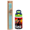 Easter Set, Children's thermal stainless steel bottle with safety straw, green/blue (350ml) & aromatic flat Easter candle (30cm) (TURQUOISE)