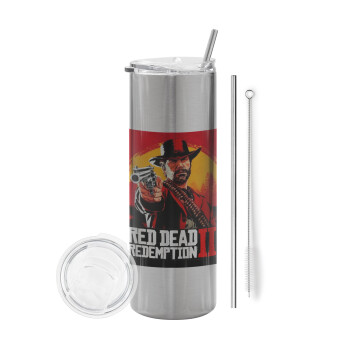 Red Dead Redemption 2, Eco friendly ποτήρι θερμό Ασημένιο (tumbler) από ανοξείδωτο ατσάλι 600ml, με μεταλλικό καλαμάκι & βούρτσα καθαρισμού