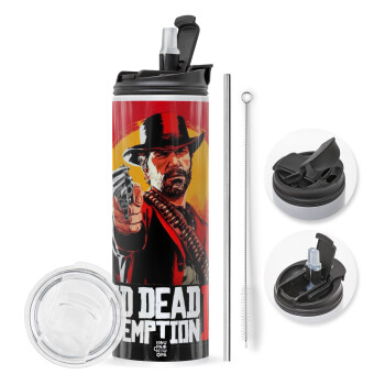 Red Dead Redemption 2, Travel Tumbler 2 Lids, with metal straw & cleaning brush (Stainless steel 304 Food grade, BPA free, 600ml)