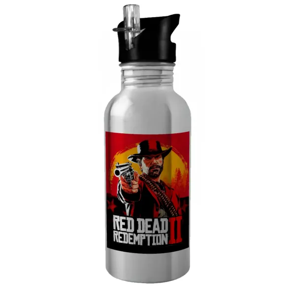 Red Dead Redemption 2 — Water bottle Silver with straw, stainless steel 600ml