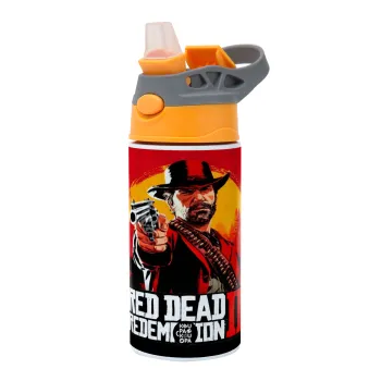 Red Dead Redemption 2, Παιδικό παγούρι θερμό, ανοξείδωτο, με καλαμάκι ασφαλείας, Πορτοκαλί/Γκρι (360ml) BPA-FREE