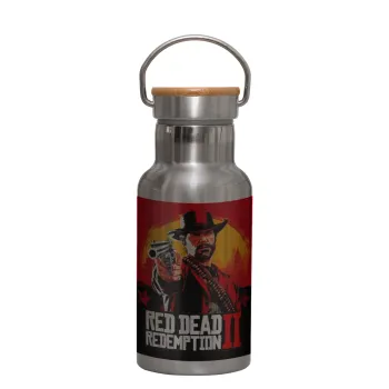 Red Dead Redemption 2, Μεταλλικό παγούρι θερμός (Stainless steel) Ασημένιο με ξύλινο καπακι (bamboo), διπλού τοιχώματος, 350ml