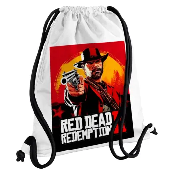 Red Dead Redemption 2, Backpack pouch GYMBAG white, with pocket (40x48cm) & thick cords