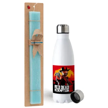 Red Dead Redemption 2, Easter Set, metallic stainless steel water bottle (750ml) & aromatic flat Easter candle (30cm) (TURQUOISE)