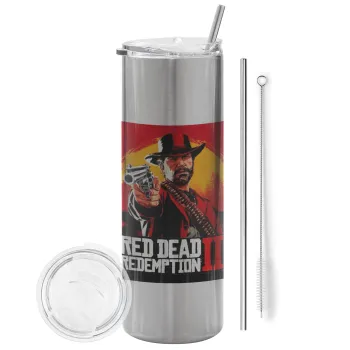Red Dead Redemption 2, Tumbler ποτήρι θερμό Ασημένιο από ανοξείδωτο ατσάλι 600ml, με μεταλλικό καλαμάκι & βούρτσα καθαρισμού