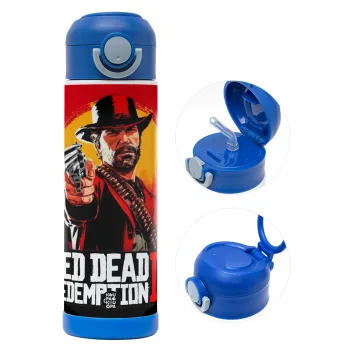 Red Dead Redemption 2, Παιδικό παγούρι θερμό, ανοξείδωτο, με καλαμάκι ασφαλείας, ΜΠΛΕ (500ml)