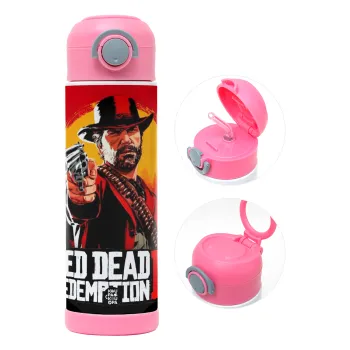 Red Dead Redemption 2, Παιδικό παγούρι θερμό, ανοξείδωτο, με καλαμάκι ασφαλείας, ΡΟΖ (500ml)