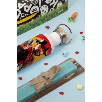 Red Dead Redemption 2, Πασχαλινή Λαμπάδα με παγούρι μεταλλικό Ασημένιο αλουμινίου (500ml) & κερί αρωματικό πλακέ (30cm) (ΤΙΡΚΟΥΑΖ)