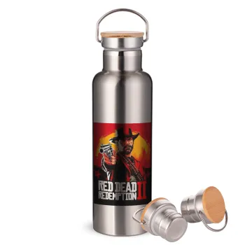 Red Dead Redemption 2, Μεταλλικό παγούρι θερμός (Stainless steel) Ασημένιο με ξύλινο καπακι (bamboo), διπλού τοιχώματος, 750ml
