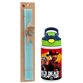 Red Dead Redemption 2, Πασχαλινή Λαμπάδα με Παιδικό παγούρι θερμό, ανοξείδωτο, με καλαμάκι ασφαλείας, πράσινο/μπλε (350ml) & κερί αρωματικό πλακέ (30cm) (ΤΙΡΚΟΥΑΖ)