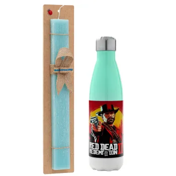 Red Dead Redemption 2, Easter Set, Metallic green/white thermos (Stainless steel), double-walled, 500ml & scented flat Easter candle (30cm) (TURQUOISE)