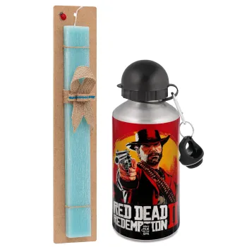 Red Dead Redemption 2, Easter Set, metallic silver aluminum water bottle (500ml) & scented flat Easter candle (30cm) (TURQUOISE)