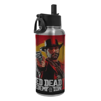 Red Dead Redemption 2, Metal mug thermo Silver with Straw and Spout Lid (Stainless steel), double wall, 950ml