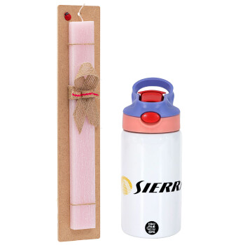 SIERRA, Easter Set, Children's thermal stainless steel water bottle with safety straw, pink/purple (350ml) & Easter scented flat candle (30cm) (PINK)