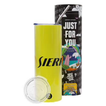 SIERRA, Neon Yellow Travel Tumbler, with metal straw (Stainless steel 304 Food grade, BPA free, 600ml)