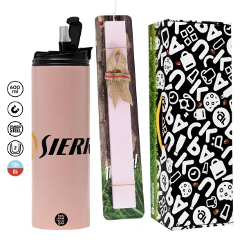SIERRA, Easter candle,Travel Tumbler 2 Lids, with metal straw & cleaning brush & aromatic flat candle (30cm) (PINK)