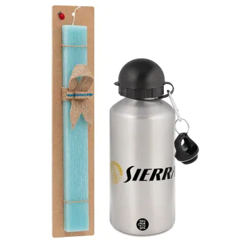 SIERRA, Easter Set, metallic silver aluminum water bottle (500ml) & scented flat Easter candle (30cm) (TURQUOISE)