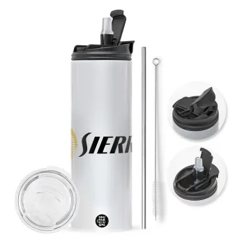 SIERRA, Travel Tumbler θερμό με διπλό καπάκι, μεταλλικό καλαμάκι και βούρτσα καθαρισμού (Ανωξείδωτο 304 Food grade, BPA free, 600ml)