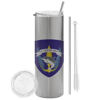 Ο τολμών νικά, καρχαρίας, Tumbler ποτήρι θερμό Ασημένιο από ανοξείδωτο ατσάλι 600ml, με μεταλλικό καλαμάκι & βούρτσα καθαρισμού