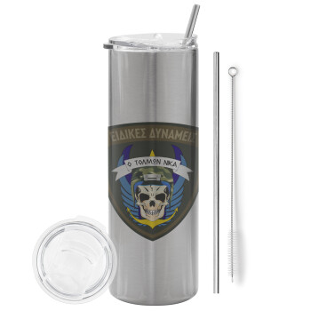 Hellas special force's, Eco friendly stainless steel Silver tumbler 600ml, with metal straw & cleaning brush