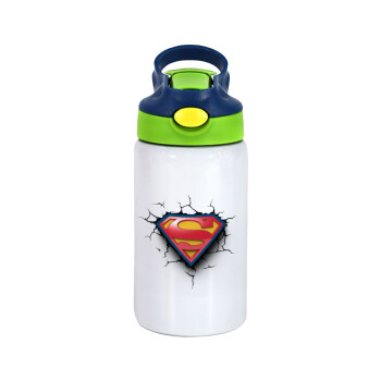 Superman cracked, Children's hot water bottle, stainless steel, with safety straw, green, blue (350ml)