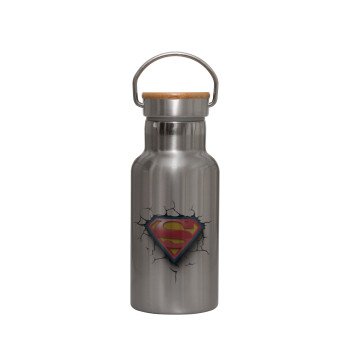 Superman cracked, Μεταλλικό παγούρι θερμός (Stainless steel) Ασημένιο με ξύλινο καπακι (bamboo), διπλού τοιχώματος, 350ml