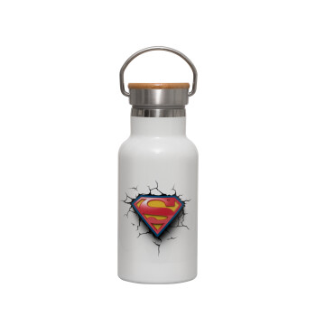 Superman cracked, Μεταλλικό παγούρι θερμός (Stainless steel) Λευκό με ξύλινο καπακι (bamboo), διπλού τοιχώματος, 350ml