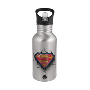 Superman cracked, Water bottle Silver with straw, stainless steel 500ml