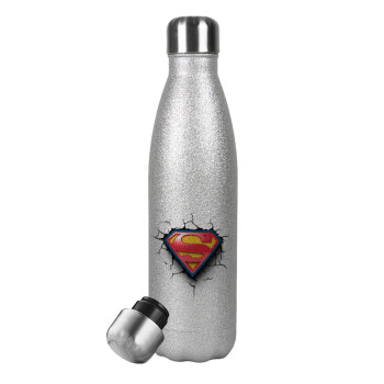 Superman cracked, Μεταλλικό παγούρι θερμός Glitter Aσημένιο (Stainless steel), διπλού τοιχώματος, 500ml