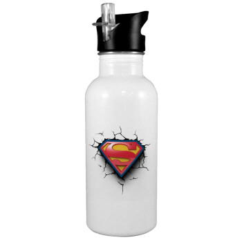 Superman cracked, White water bottle with straw, stainless steel 600ml