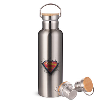 Superman cracked, Stainless steel Silver with wooden lid (bamboo), double wall, 750ml