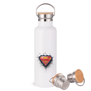 Superman cracked, Stainless steel White with wooden lid (bamboo), double wall, 750ml